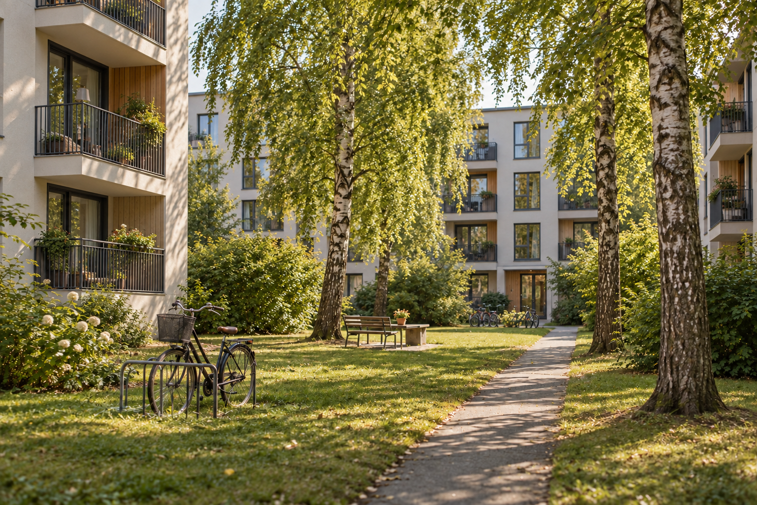Modernien kerrostalojen vehreä piha koivuineen, polkupyörineen ja aurinkoisine kulkuväylineen