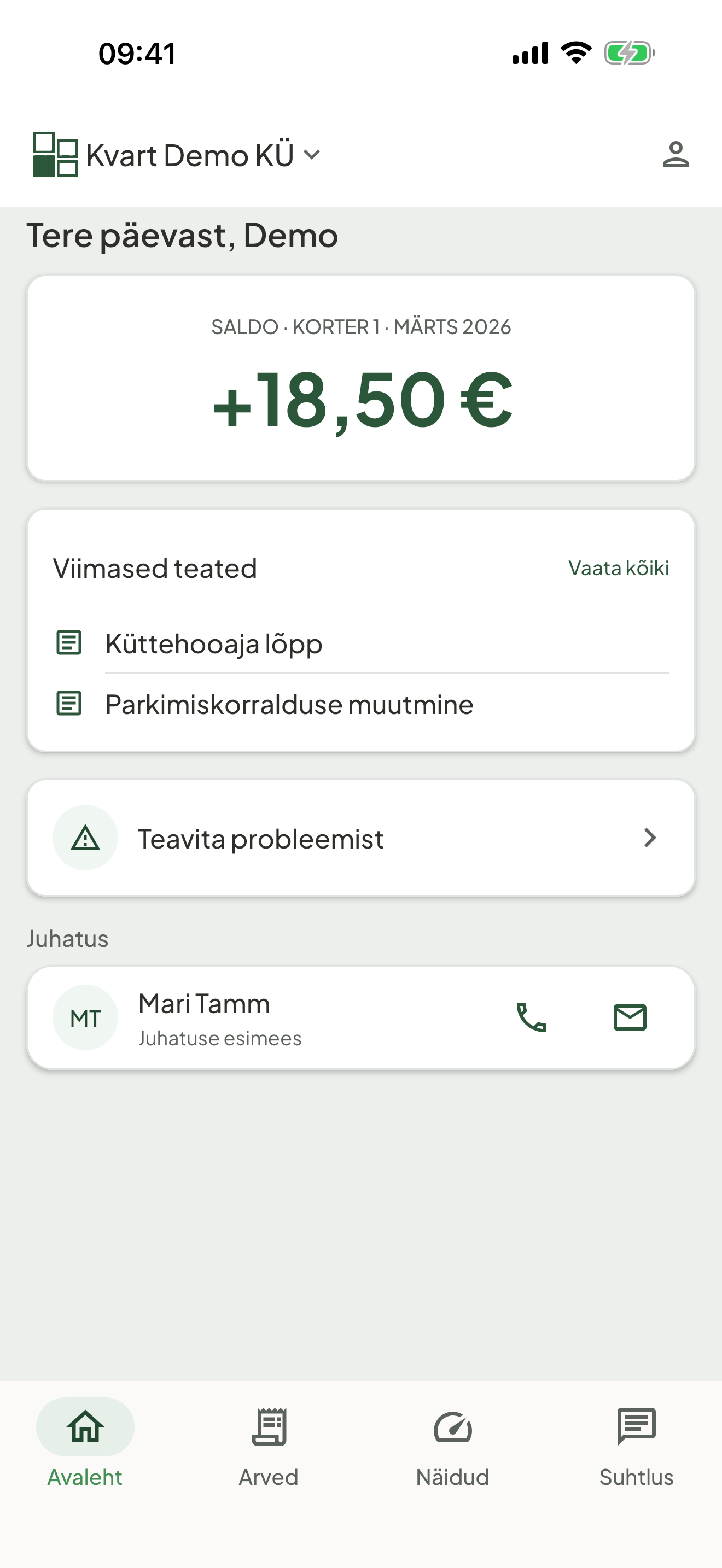 Kvarti mobiiliäpi avaleht: ühistu saldo, teated ja igapäevased toimingud.
