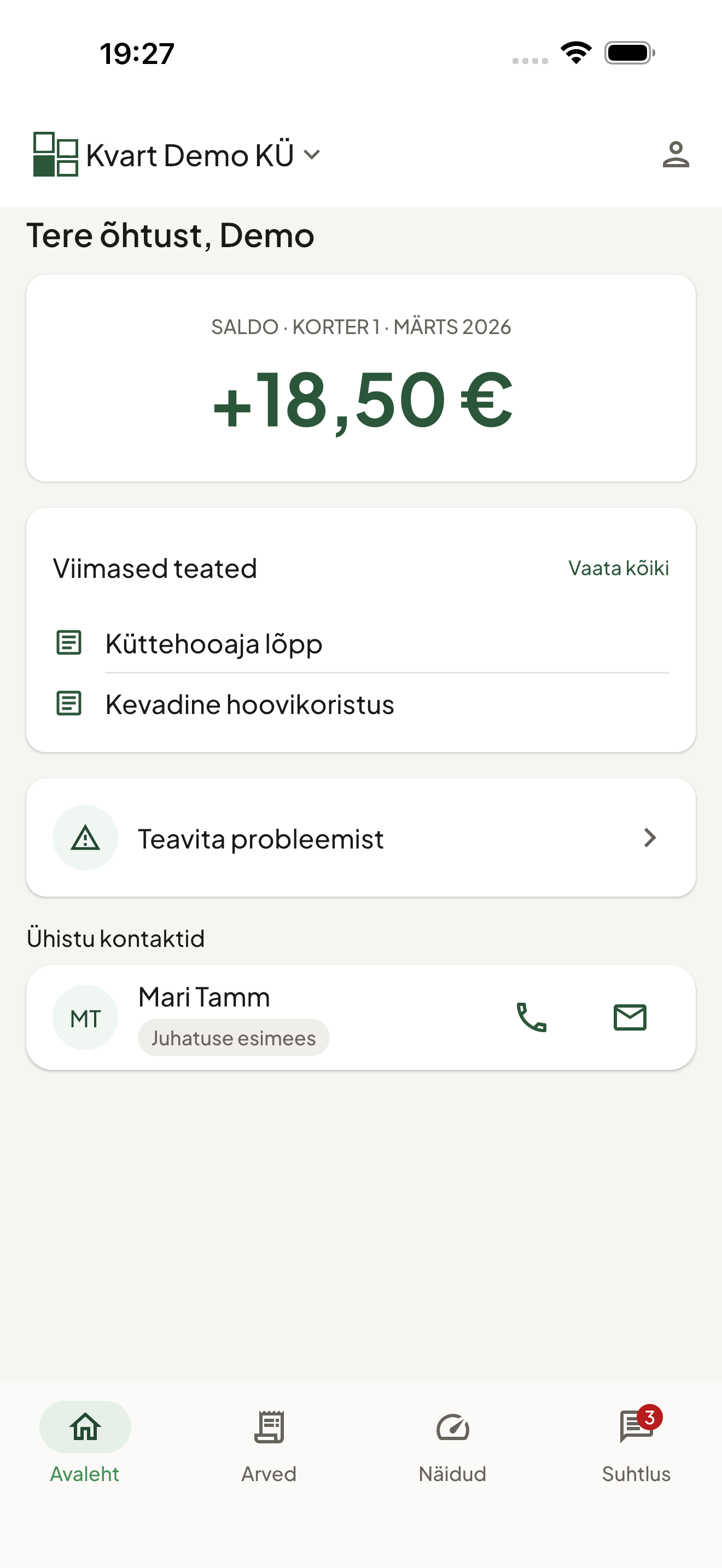 Kvarti mobiiliäpi avaleht: ühistu saldo, teated ja igapäevased toimingud.
