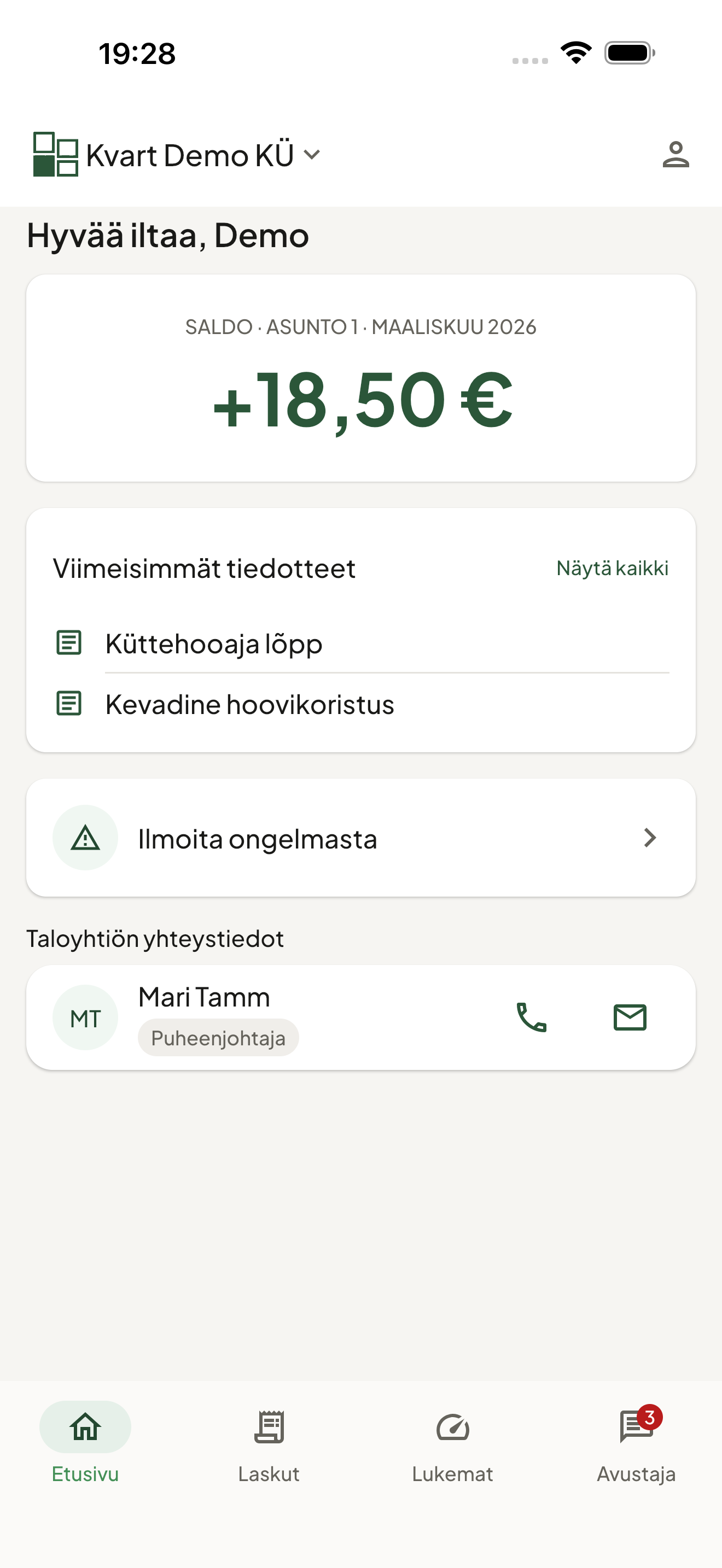 Kvart-mobiilisovelluksen etusivu: taloyhtiön saldo, tiedotteet ja arjen toiminnot.