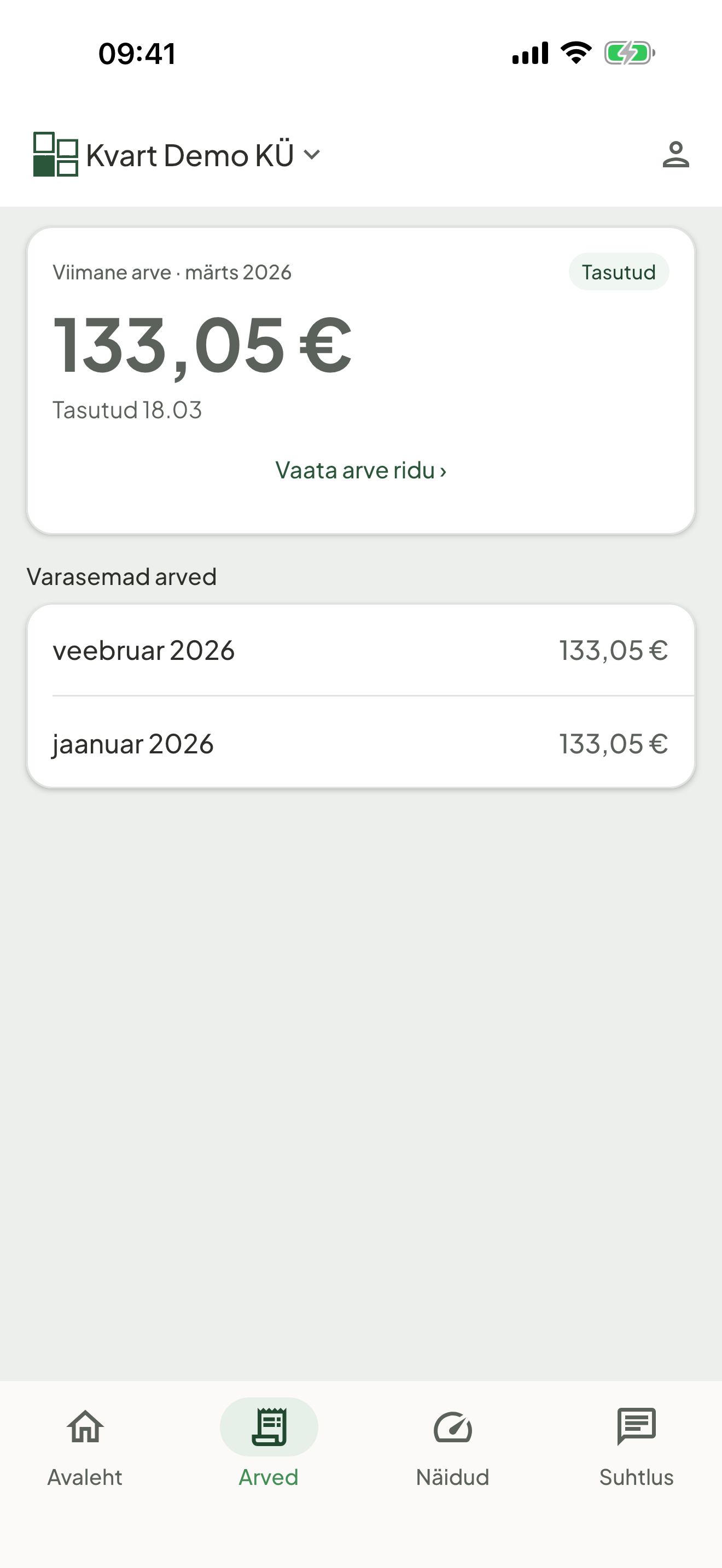 Kvarti mobiiliäpp: arved. Demoandmed.